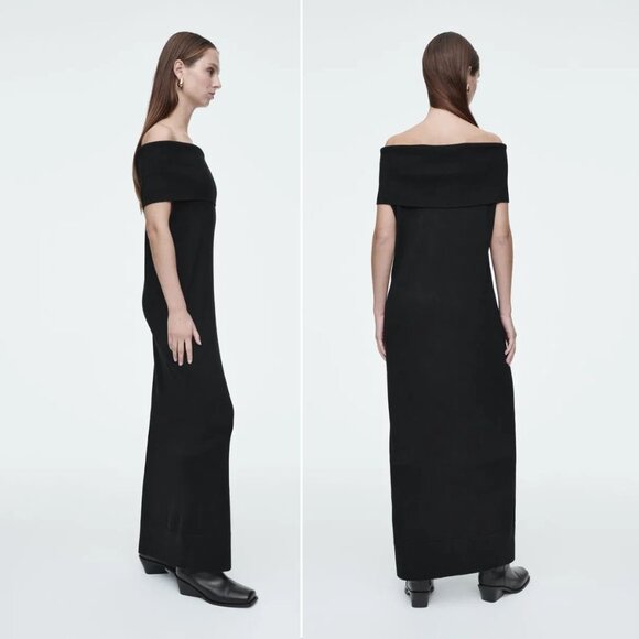 COS Merino Wool Bardot Maxi Sweater DRESS Size L Black Off The Shoulder NEW $150 - Picture 2 of 8